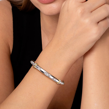 14 KARAT YELLOW GOLD AND STERLING SILVER BUJUKAN WHITE SAPPHIRE SPLIT BANGLE BRACELET