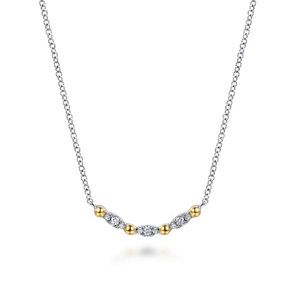 14 KARAT YELLOW GOLD AND STERLING SILVER BUJUKAN BALL WHITE SAPPHIRE MARQUISE BAR NECKLACE