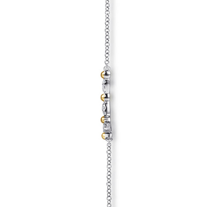 14 KARAT YELLOW GOLD AND STERLING SILVER BUJUKAN BALL WHITE SAPPHIRE MARQUISE BAR NECKLACE