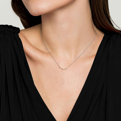14 KARAT YELLOW GOLD AND STERLING SILVER BUJUKAN BALL WHITE SAPPHIRE MARQUISE BAR NECKLACE
