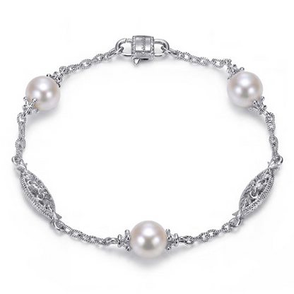 STERLING SILVER FILIGREE AND PEARL STATION BRACELET