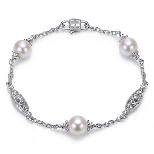 STERLING SILVER FILIGREE AND PEARL STATION BRACELET
