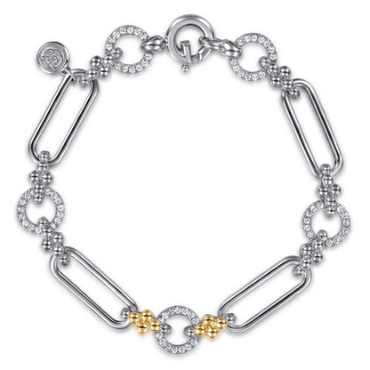 14 KARAT YELLOW GOLD AND STERLING SILVER BUJUKAN CLOVER AND WHITE SAPPHIRE LINK CHAIN BRACELET