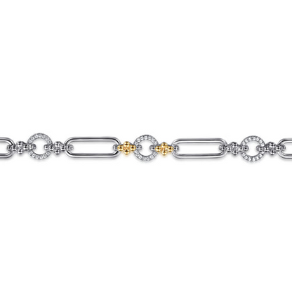 14 KARAT YELLOW GOLD AND STERLING SILVER BUJUKAN CLOVER AND WHITE SAPPHIRE LINK CHAIN BRACELET