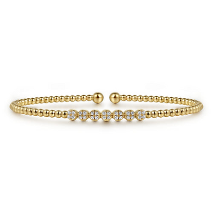 14K YELLOW GOOLD BUJUKAN BEAD AND CLUSTER DIAMOND BANGLE