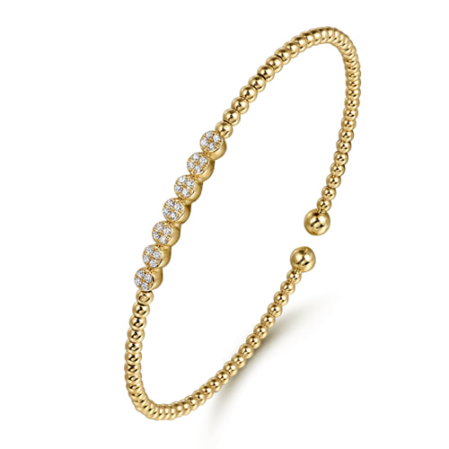 14K YELLOW GOOLD BUJUKAN BEAD AND CLUSTER DIAMOND BANGLE