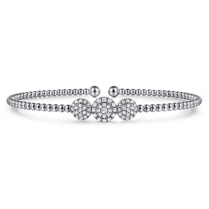 14K WHITE GOLD BUJUKAN BEAD CUFF BRACELET WITH THREE PAVE DIAMOND STATIONS