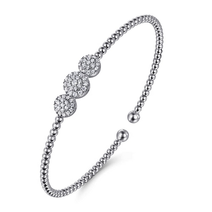 14K WHITE GOLD BUJUKAN BEAD CUFF BRACELET WITH THREE PAVE DIAMOND STATIONS