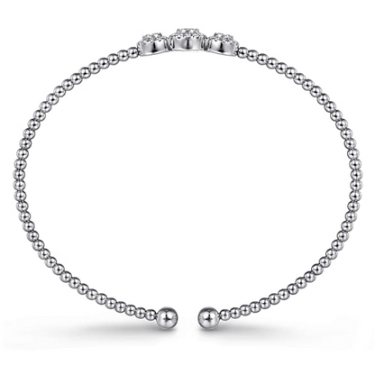 14K WHITE GOLD BUJUKAN BEAD CUFF BRACELET WITH THREE PAVE DIAMOND STATIONS