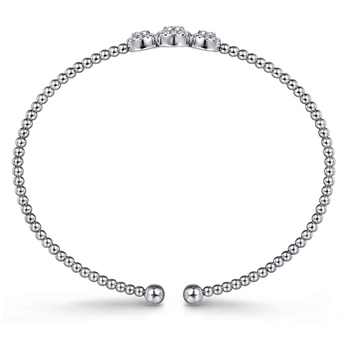 14K WHITE GOLD BUJUKAN BEAD CUFF BRACELET WITH THREE PAVE DIAMOND STATIONS