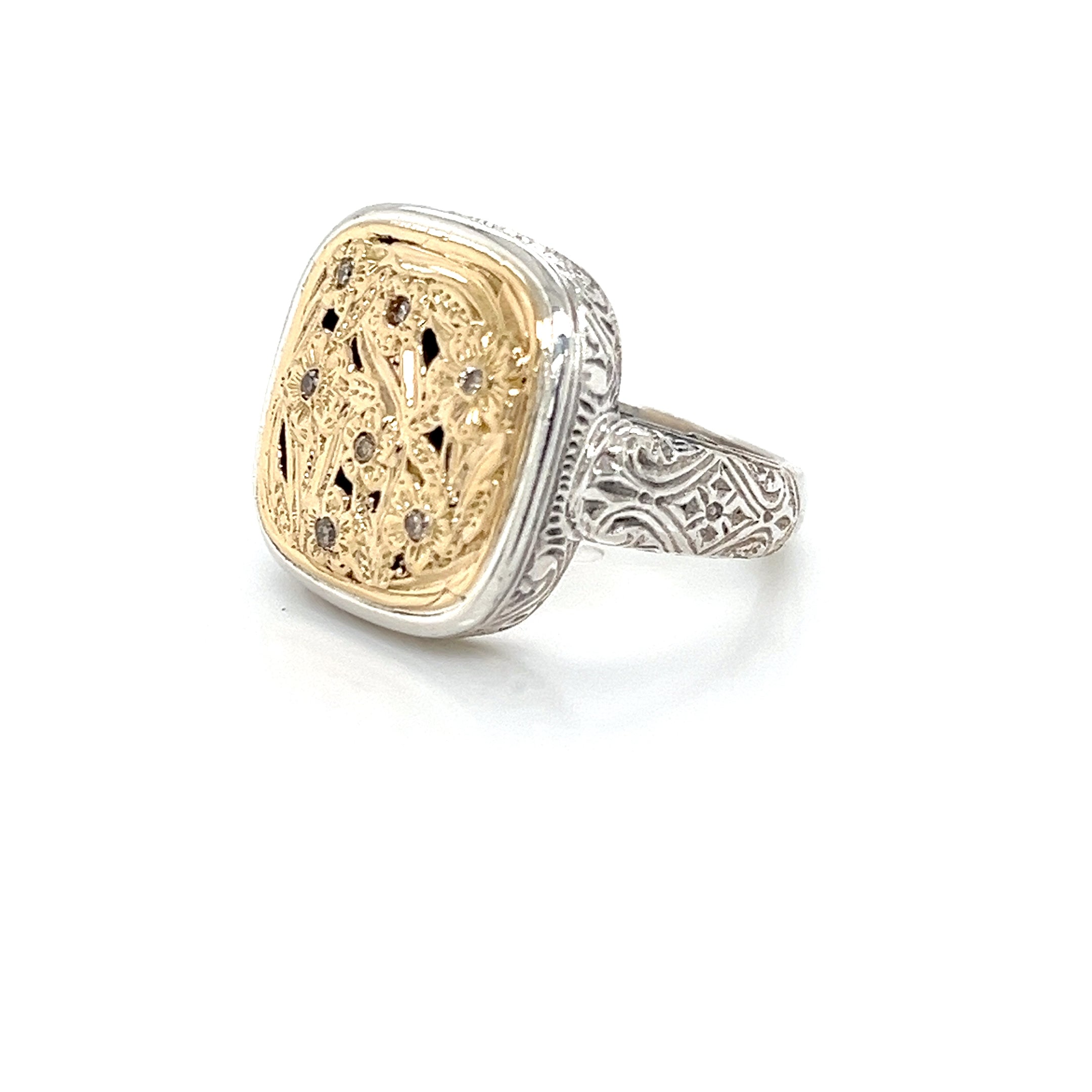 HARMONY SQUARE RING IN 18K GOLD AND SILVER WITH DIAMONDS