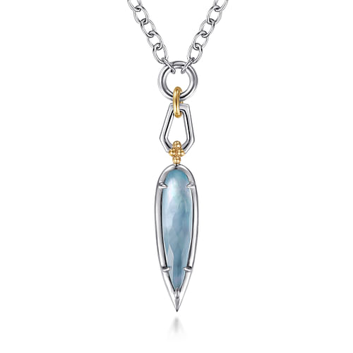 14K YELLOW GOLD AND STERLING SILVER BUJUKAN ROCK CRYSTAL AND WHITE MOTHER OF PEARL AND TURQUOISE PENDANT NECKLACE