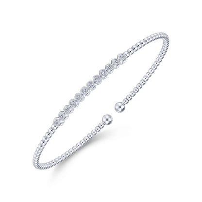 14K White Gold Bujukan Bead Cuff Bracelet with Bezel Set Diamond Stations