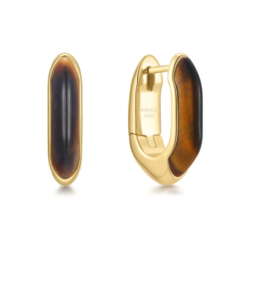GOLD TIGER EYE HUGGIE HOOP EARRING