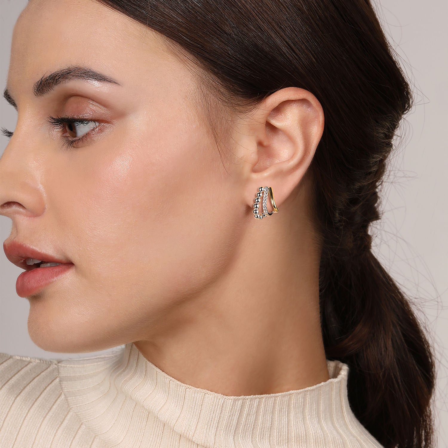 STERLING SILVER AND 14K YELLOW GOLD BUJUKAN AND WHITE SAPPHIRE MULTIPLE ROW J HOOP EARRINGS