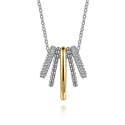STERLING SILVER AND 14K YELLOW GOLD BUJUKAN AND WHITE SAPPHIRE MULTIPLE ROW PENDANT NECKLACE