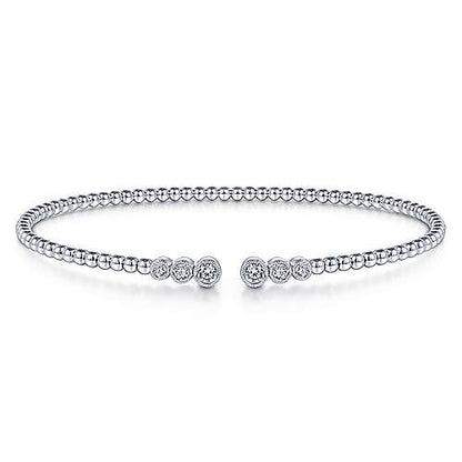 14K White Gold Bujukan Bead Split Cuff Bracelet with Bezel Set Diamonds