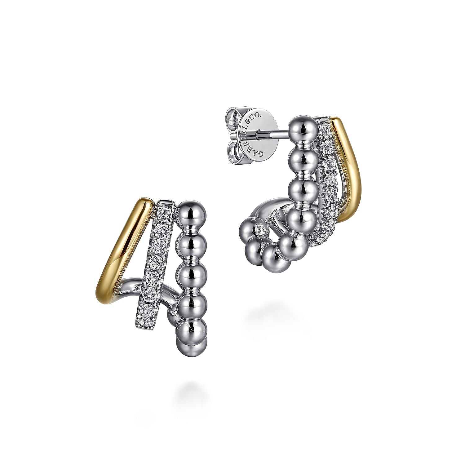 STERLING SILVER AND 14K YELLOW GOLD BUJUKAN AND WHITE SAPPHIRE MULTIPLE ROW J HOOP EARRINGS