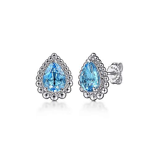 Sterling Silver Swiss Blue Topaz Bujukan Pear Shape Stud Earrings With Pattern