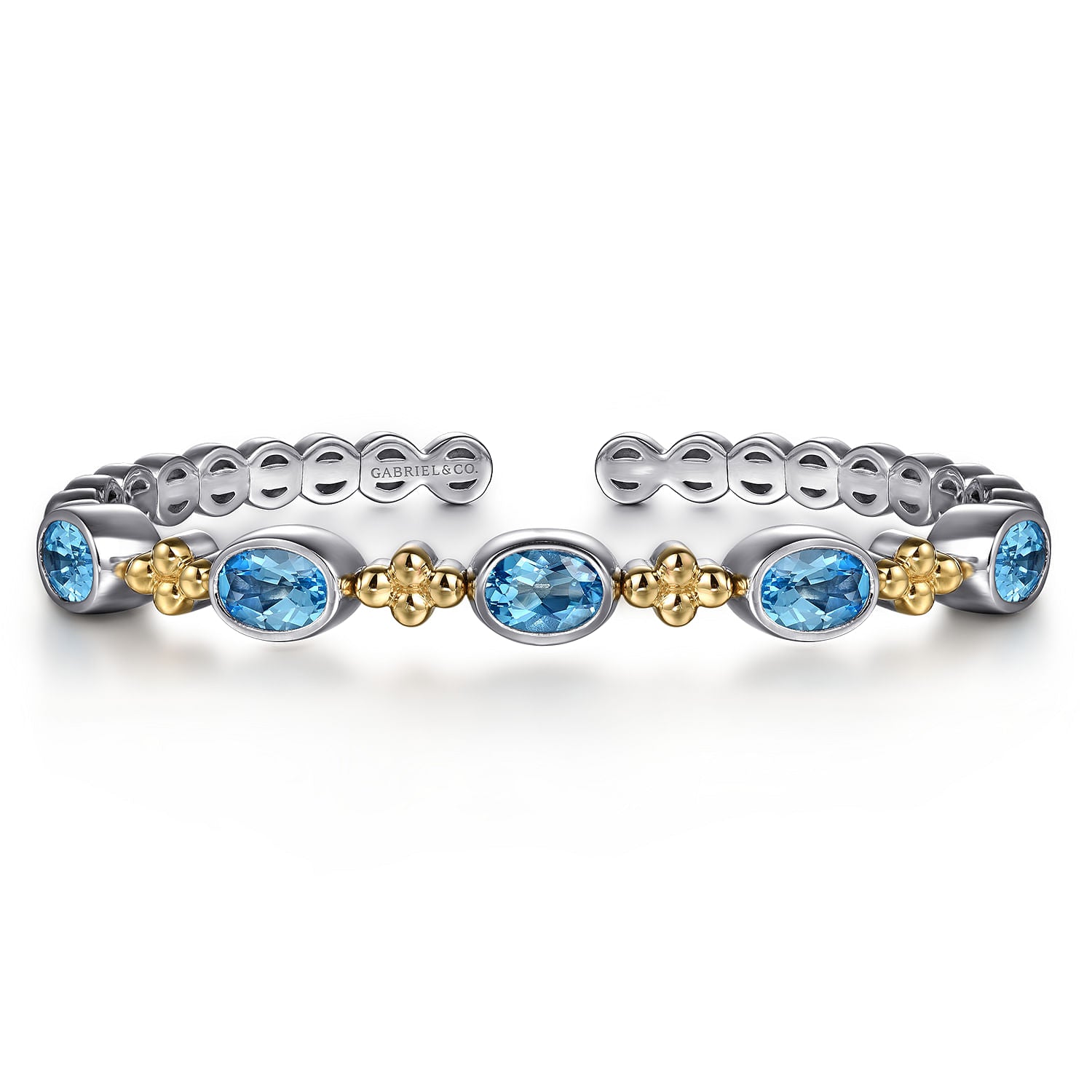 14K YELLOW GOLD AND STERLING SILVER BUJUKAN BLUE TOPAZ OPEN BANGLE BRACELET