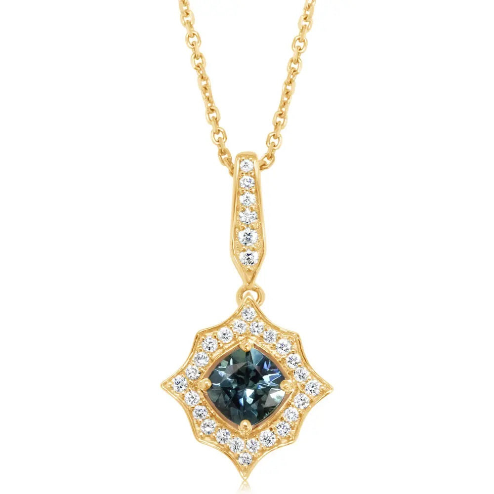 14 KARAT YELLOW GOLD MONTANA SAPPHIRE/DIAMOND PENDANT