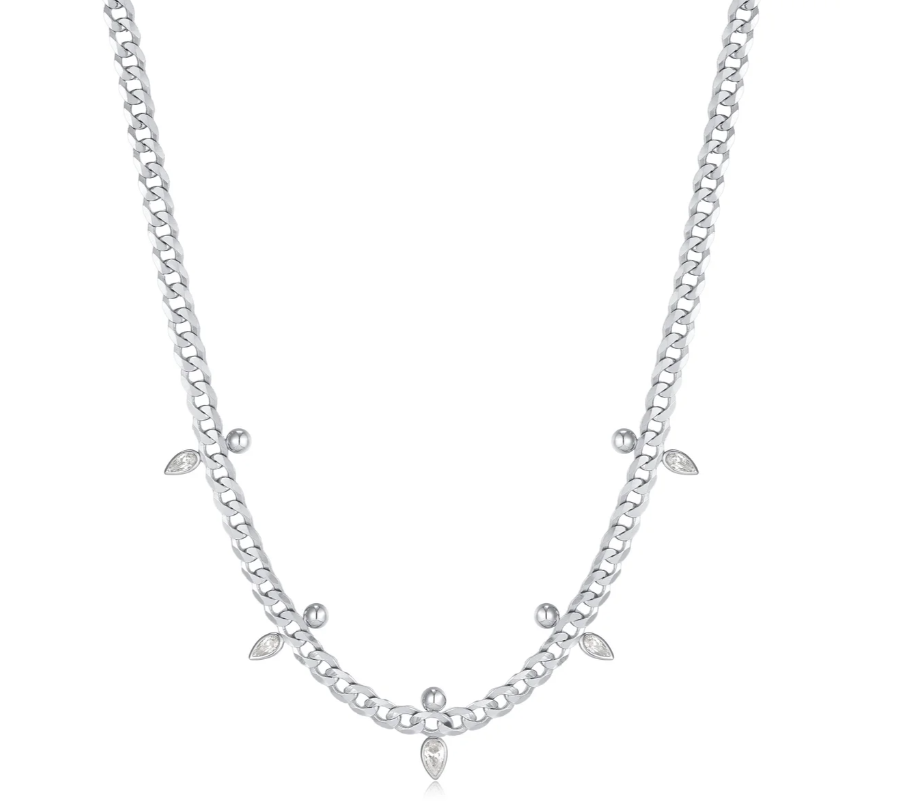 Silver Curb Chain Sparkle Point Necklace