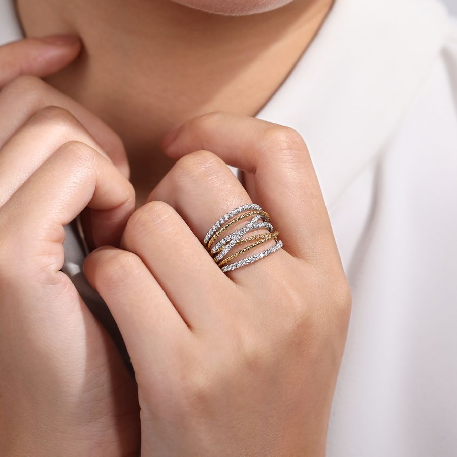 14K White-Yellow Gold Twisted Rope and Diamond Multi Row Ring