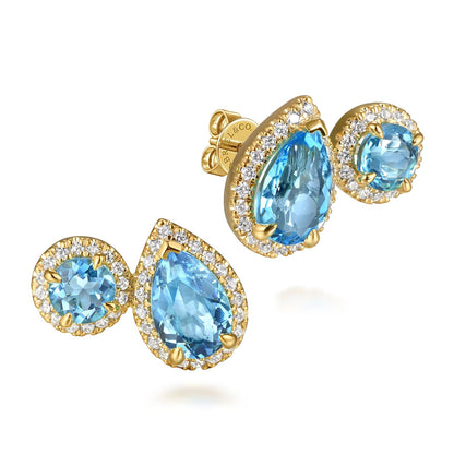 14 KARAT YELLOW GOLD TOI ET MOI BLUE TOPAZ AND DIAMOND HALO STUD EARRINGS