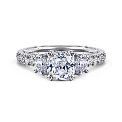 14K WHITE GOLD CUSHION CUT THREE STONE DIAMOND ENGAGEMENT RING
