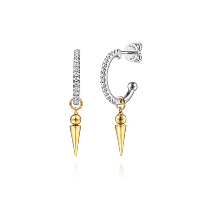 14K WHITE AND YELLOW GOLD BUJUKAN BULLET AND DIAMOND HUGGIE DROP EARRINGS