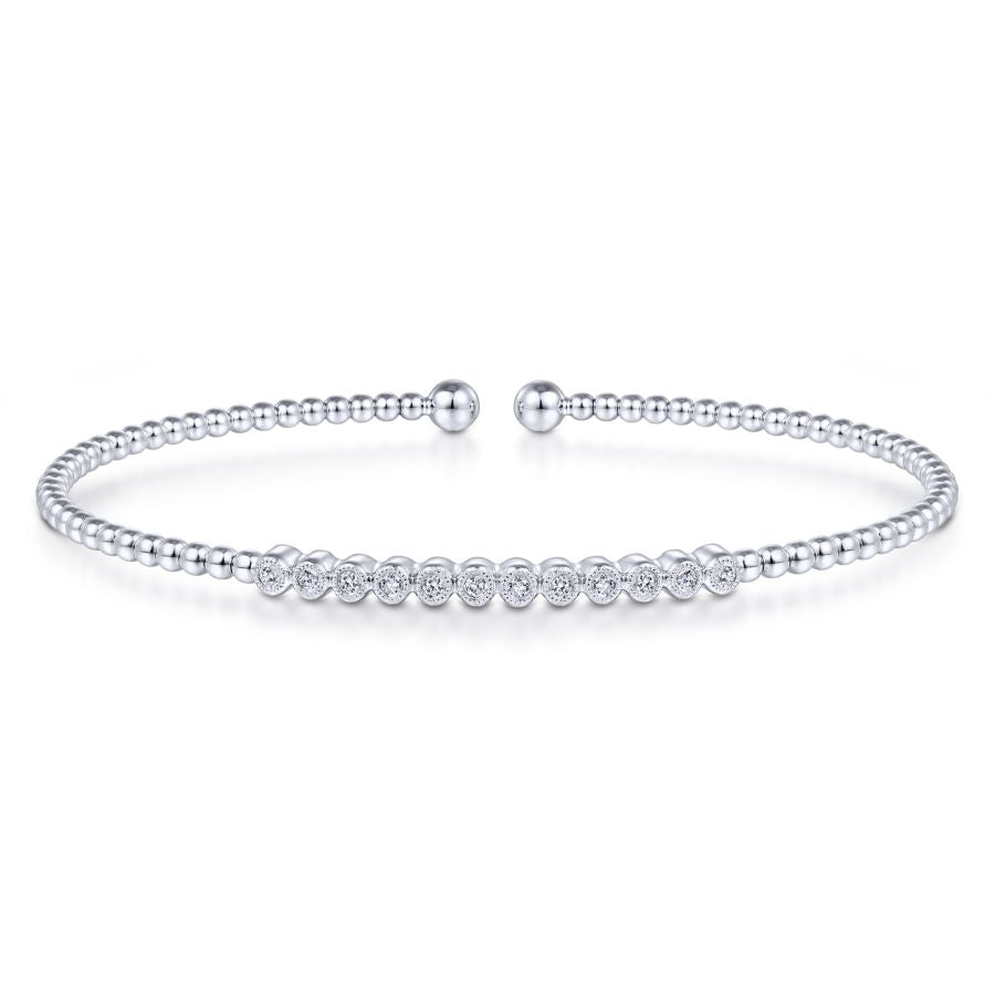 14K White Gold Bujukan Bead Cuff Bracelet with Bezel Set Diamond Stations