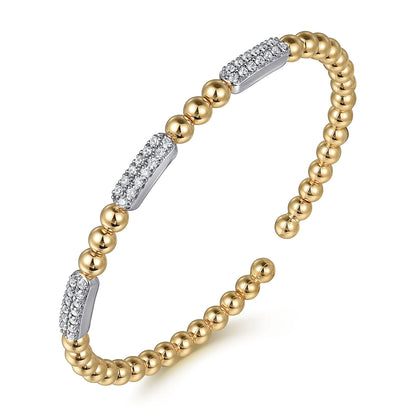 14 KARAT WHITE AND YELLOW GOLD DIAMOND PAVE THREE STATION BAR BUJUKAN BEADS BANGLE