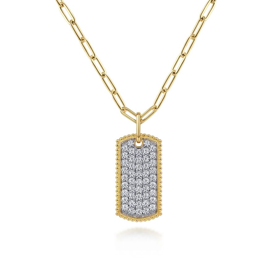 14K Yellow Gold Diamond Pave Dog Tag Hollow Chain Necklace