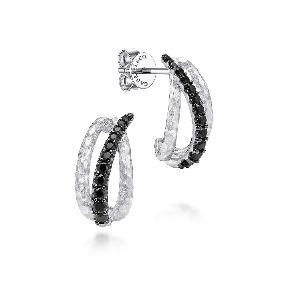 STERLING SILVER BLACK SPINEL J HOOP EARRINGS