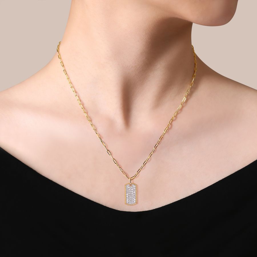 14K Yellow Gold Diamond Pave Dog Tag Hollow Chain Necklace