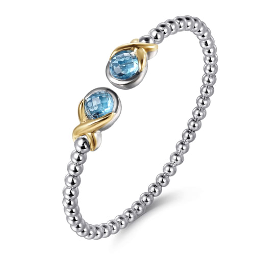 14K YELLOW GOLD AND STERLING SILVER ROUND SHAPE BLUE TOPAZ BUJUKAN BANGLE