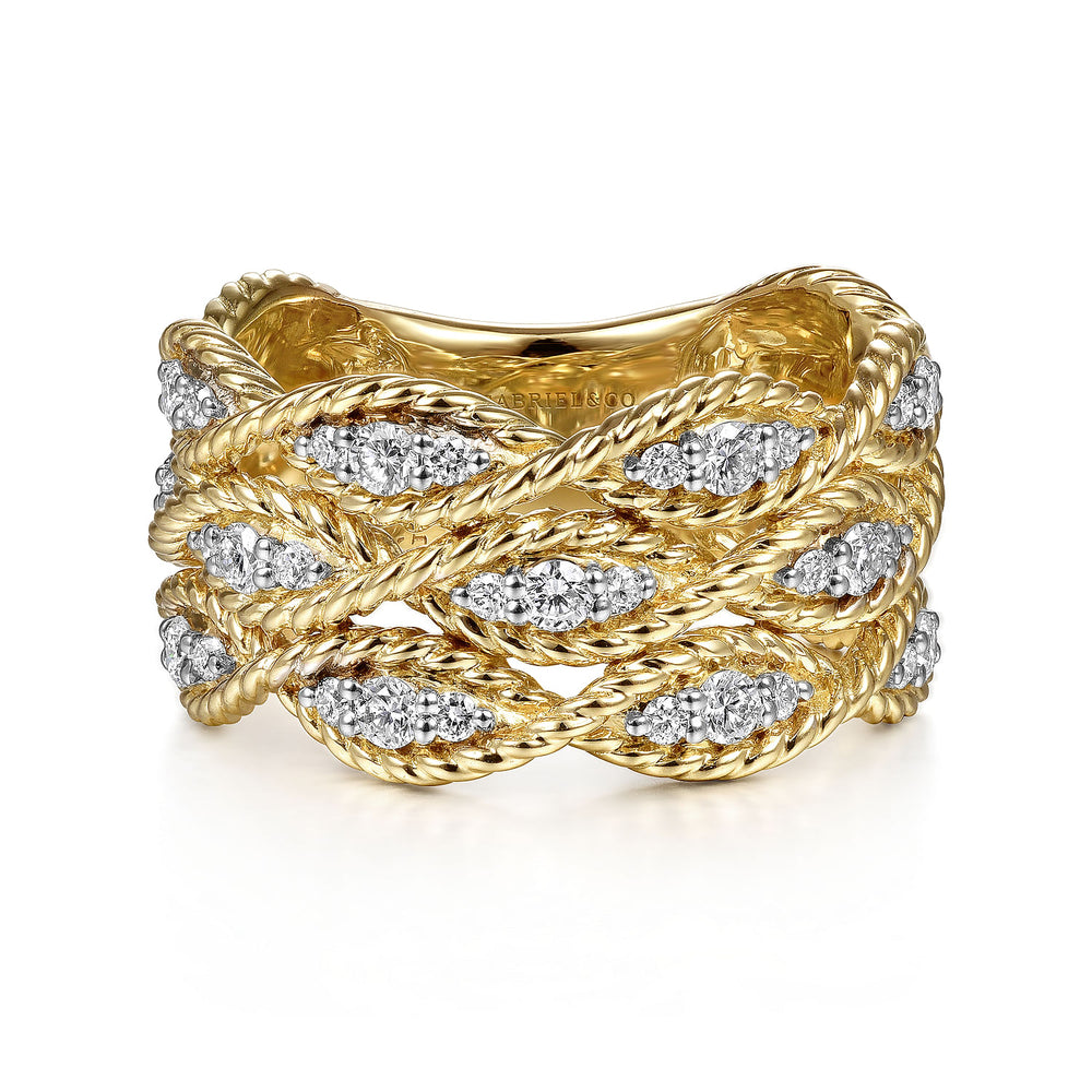 14K YELLOW GOLD TWISTED BRAIDED DIAMOND WIDE BAND RING