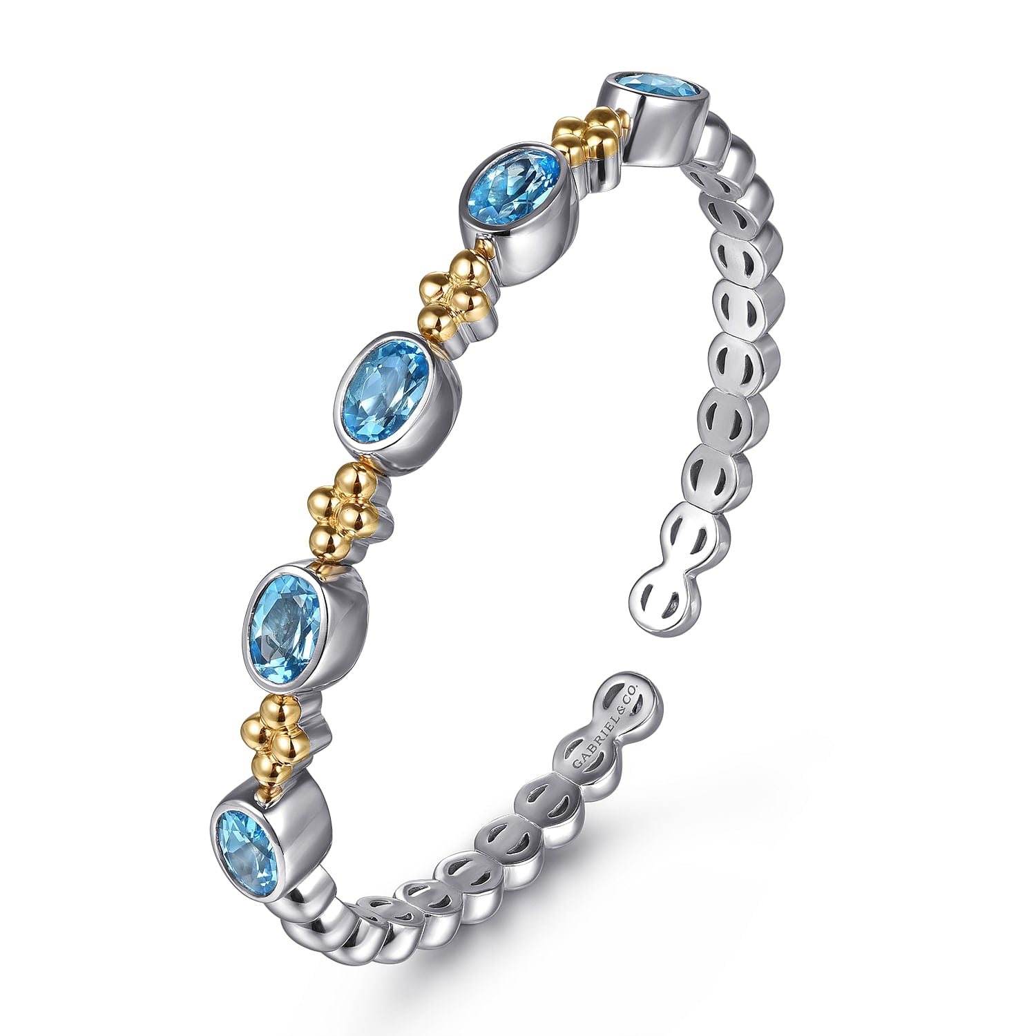 14K YELLOW GOLD AND STERLING SILVER BUJUKAN BLUE TOPAZ OPEN BANGLE BRACELET