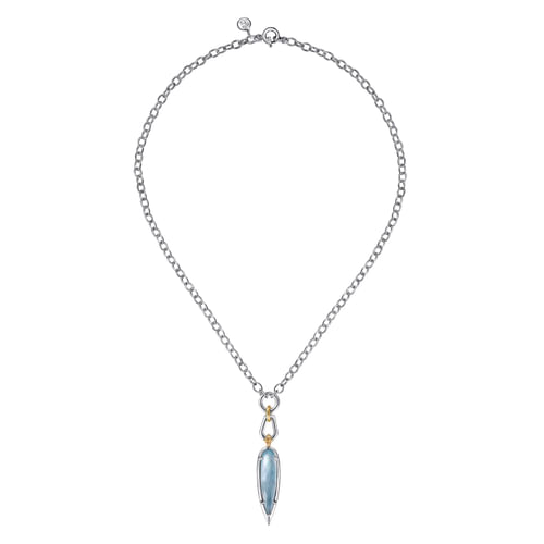 14K YELLOW GOLD AND STERLING SILVER BUJUKAN ROCK CRYSTAL AND WHITE MOTHER OF PEARL AND TURQUOISE PENDANT NECKLACE