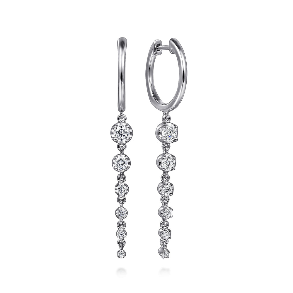 14K WHITE GOLD GRADUATING DIAMOND HUGGIE DROP EARRINGS