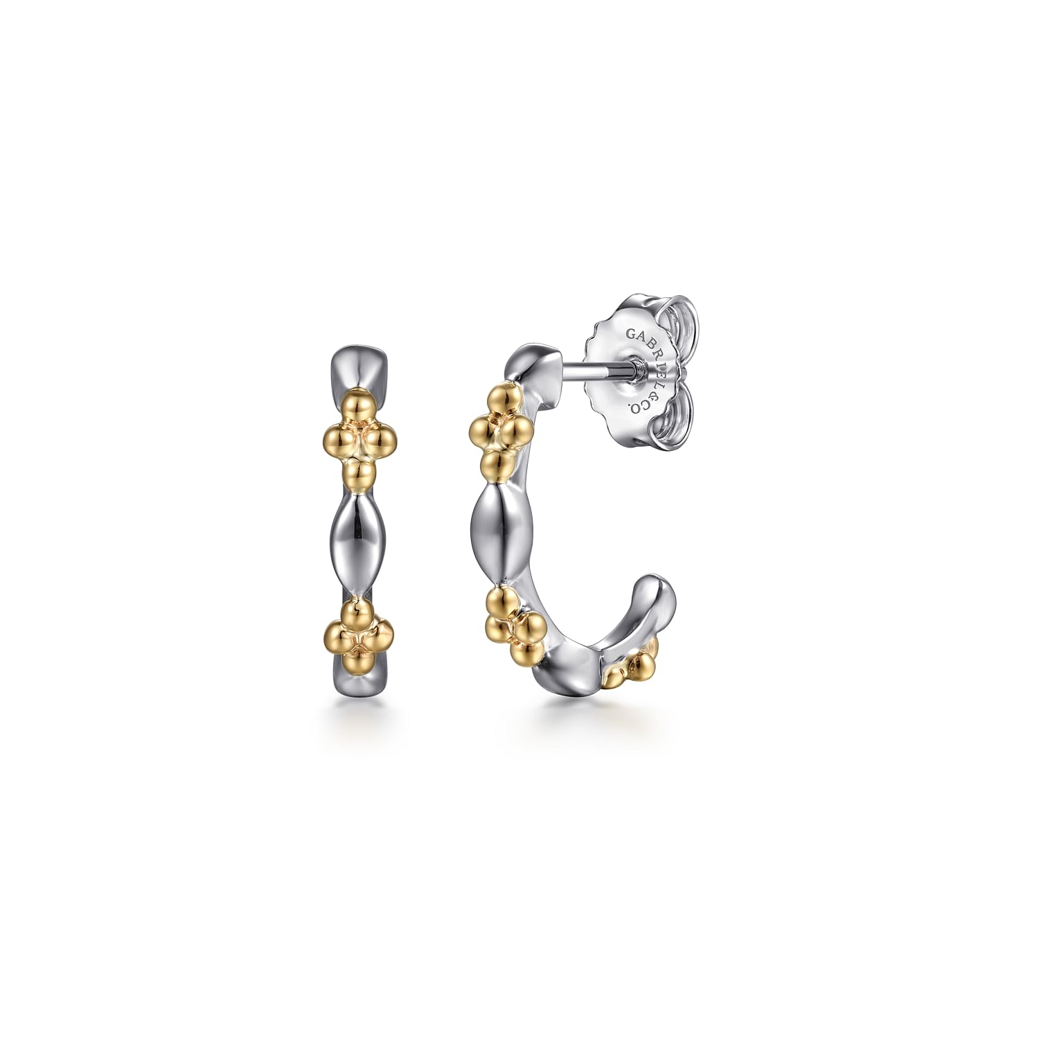 14 KARAT YELLOW GOLD AND STERLING SILVER BUJUKAN TWO TONE J HOOP EARRINGS