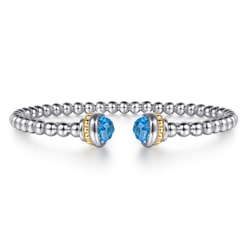 14K YELLOW GOLD AND STERLING SILVER BLUE TOPAZ BUJUKAN OPEN BANGLE