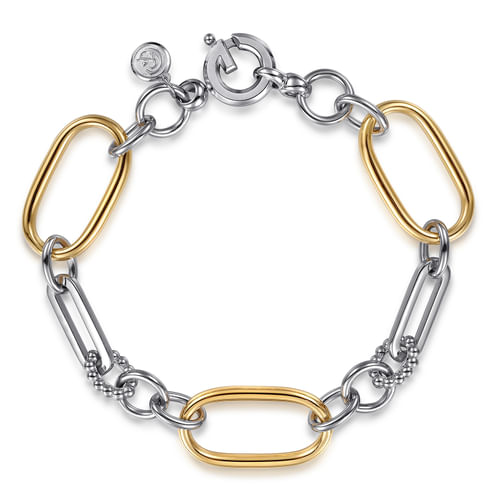 14K YELLOW GOLD AND STERLING SILVER HOLLOW LINK CHAIN BRACELET