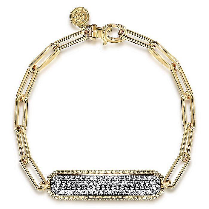 14 KARAT YELLOW GOLD HOLLOW PAPERCLIP CHAIN DIAMOND PAVE ID BRACELET