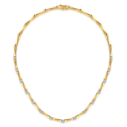 14K WHITE AND YELLOW GOLD DIAMOND BRUSH FINISH BAMBOO TENNIS NECKLACE