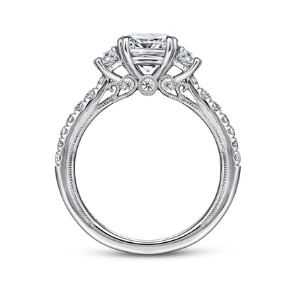 14K WHITE GOLD CUSHION CUT THREE STONE DIAMOND ENGAGEMENT RING