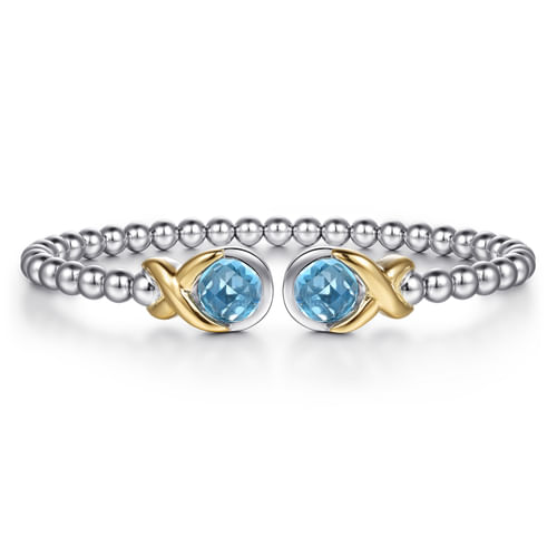 14K YELLOW GOLD AND STERLING SILVER ROUND SHAPE BLUE TOPAZ BUJUKAN BANGLE