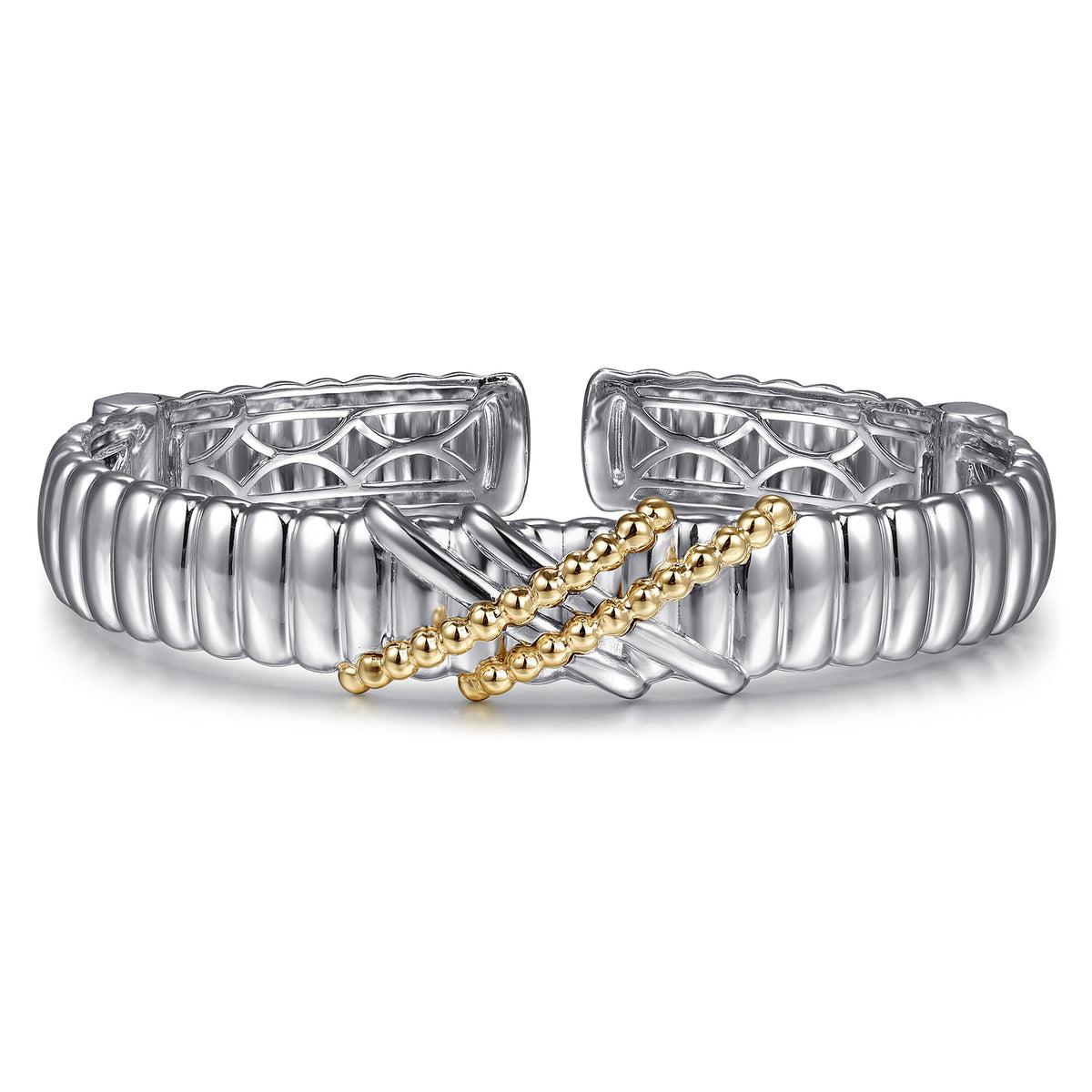 STERLING SILVER AND 14K YELLOW GOLD BUJUKAN SHRIMP CRISS CROSS BANGLE BRACELET
