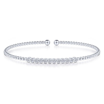 14K White Gold Bujukan Bead Cuff Bracelet with Bezel Set Diamond Stations