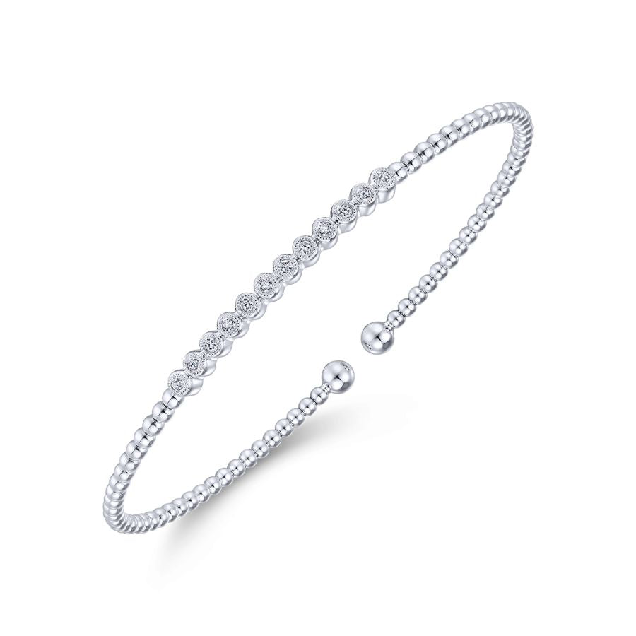14K White Gold Bujukan Bead Cuff Bracelet with Bezel Set Diamond Stations